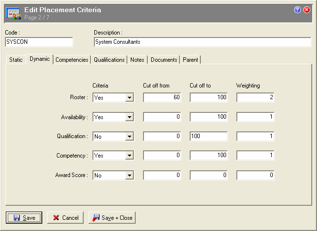 Placement Criteria - Dynamic tab