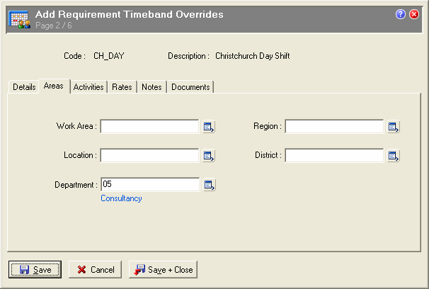 Requirement Timeband Overrides - Areas tab