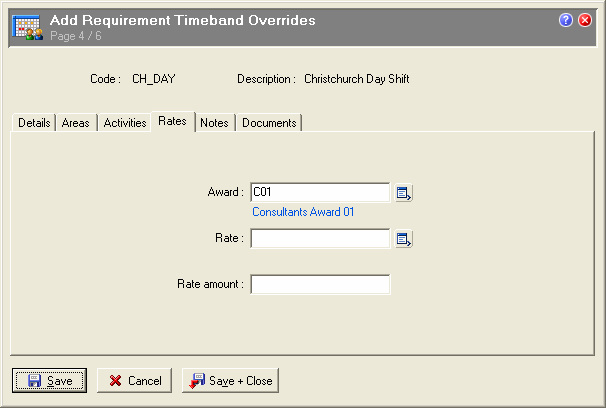 Requirement Timeband Overrides - Rates tab
